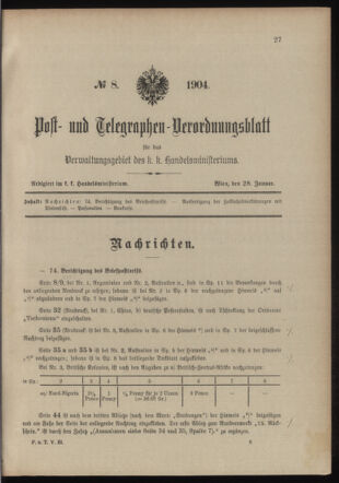 Post- und Telegraphen-Verordnungsblatt für das Verwaltungsgebiet des K.-K. Handelsministeriums 19040128 Seite: 1