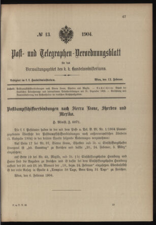 Post- und Telegraphen-Verordnungsblatt für das Verwaltungsgebiet des K.-K. Handelsministeriums 19040212 Seite: 1