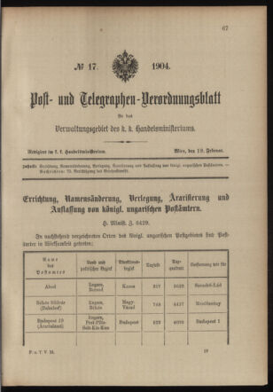 Post- und Telegraphen-Verordnungsblatt für das Verwaltungsgebiet des K.-K. Handelsministeriums 19040219 Seite: 1