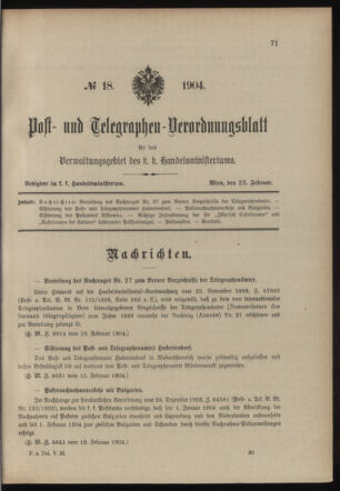 Post- und Telegraphen-Verordnungsblatt für das Verwaltungsgebiet des K.-K. Handelsministeriums 19040225 Seite: 1