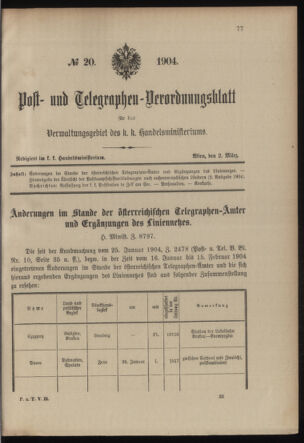 Post- und Telegraphen-Verordnungsblatt für das Verwaltungsgebiet des K.-K. Handelsministeriums 19040302 Seite: 1