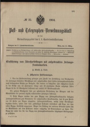 Post- und Telegraphen-Verordnungsblatt für das Verwaltungsgebiet des K.-K. Handelsministeriums 19040315 Seite: 1