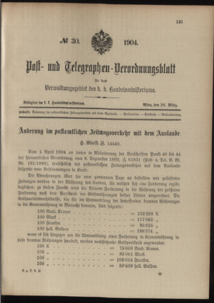 Post- und Telegraphen-Verordnungsblatt für das Verwaltungsgebiet des K.-K. Handelsministeriums 19040326 Seite: 1