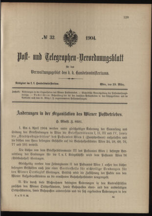 Post- und Telegraphen-Verordnungsblatt für das Verwaltungsgebiet des K.-K. Handelsministeriums 19040329 Seite: 1