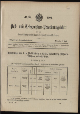 Post- und Telegraphen-Verordnungsblatt für das Verwaltungsgebiet des K.-K. Handelsministeriums 19040409 Seite: 1