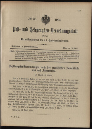 Post- und Telegraphen-Verordnungsblatt für das Verwaltungsgebiet des K.-K. Handelsministeriums 19040418 Seite: 1