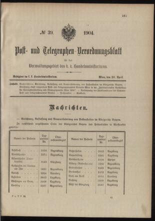 Post- und Telegraphen-Verordnungsblatt für das Verwaltungsgebiet des K.-K. Handelsministeriums 19040420 Seite: 1