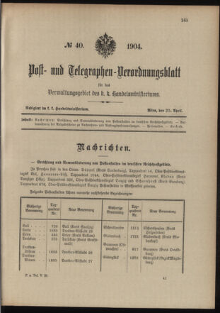 Post- und Telegraphen-Verordnungsblatt für das Verwaltungsgebiet des K.-K. Handelsministeriums 19040425 Seite: 1