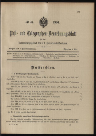 Post- und Telegraphen-Verordnungsblatt für das Verwaltungsgebiet des K.-K. Handelsministeriums 19040505 Seite: 1