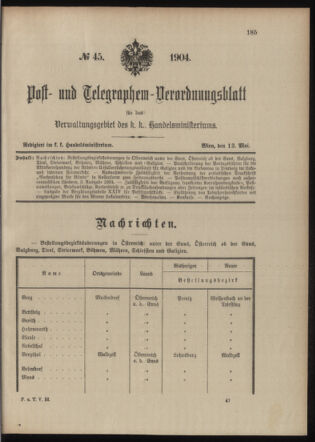 Post- und Telegraphen-Verordnungsblatt für das Verwaltungsgebiet des K.-K. Handelsministeriums 19040513 Seite: 1