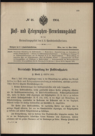 Post- und Telegraphen-Verordnungsblatt für das Verwaltungsgebiet des K.-K. Handelsministeriums 19040516 Seite: 1