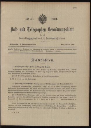 Post- und Telegraphen-Verordnungsblatt für das Verwaltungsgebiet des K.-K. Handelsministeriums 19040526 Seite: 1