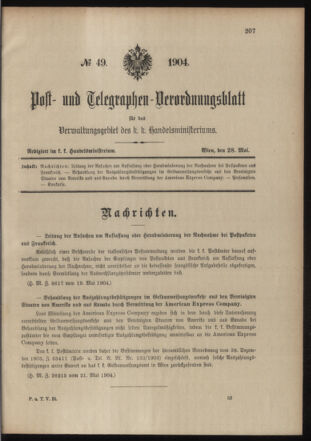 Post- und Telegraphen-Verordnungsblatt für das Verwaltungsgebiet des K.-K. Handelsministeriums 19040528 Seite: 1