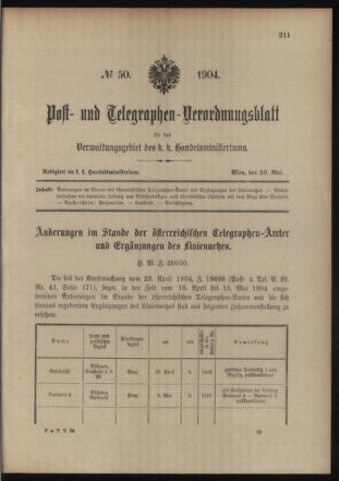 Post- und Telegraphen-Verordnungsblatt für das Verwaltungsgebiet des K.-K. Handelsministeriums 19040530 Seite: 1