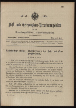 Post- und Telegraphen-Verordnungsblatt für das Verwaltungsgebiet des K.-K. Handelsministeriums 19040601 Seite: 1