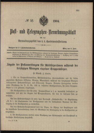 Post- und Telegraphen-Verordnungsblatt für das Verwaltungsgebiet des K.-K. Handelsministeriums 19040608 Seite: 1