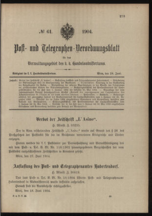 Post- und Telegraphen-Verordnungsblatt für das Verwaltungsgebiet des K.-K. Handelsministeriums 19040628 Seite: 1