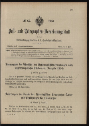 Post- und Telegraphen-Verordnungsblatt für das Verwaltungsgebiet des K.-K. Handelsministeriums 19040701 Seite: 1