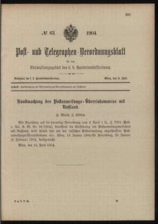 Post- und Telegraphen-Verordnungsblatt für das Verwaltungsgebiet des K.-K. Handelsministeriums 19040702 Seite: 1