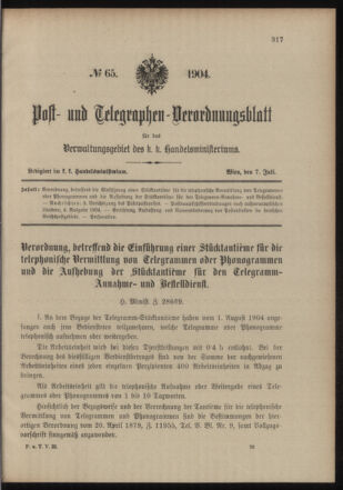 Post- und Telegraphen-Verordnungsblatt für das Verwaltungsgebiet des K.-K. Handelsministeriums 19040707 Seite: 1