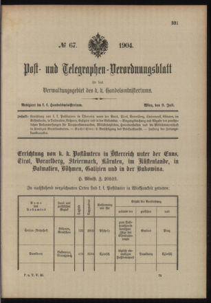 Post- und Telegraphen-Verordnungsblatt für das Verwaltungsgebiet des K.-K. Handelsministeriums 19040709 Seite: 1