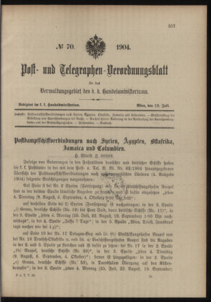 Post- und Telegraphen-Verordnungsblatt für das Verwaltungsgebiet des K.-K. Handelsministeriums 19040719 Seite: 1