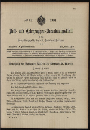 Post- und Telegraphen-Verordnungsblatt für das Verwaltungsgebiet des K.-K. Handelsministeriums 19040723 Seite: 1