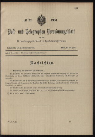 Post- und Telegraphen-Verordnungsblatt für das Verwaltungsgebiet des K.-K. Handelsministeriums 19040726 Seite: 1