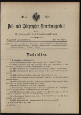 Post- und Telegraphen-Verordnungsblatt für das Verwaltungsgebiet des K.-K. Handelsministeriums 19040803 Seite: 1