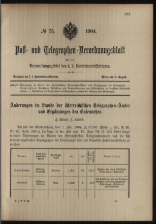 Post- und Telegraphen-Verordnungsblatt für das Verwaltungsgebiet des K.-K. Handelsministeriums 19040805 Seite: 1