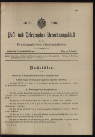 Post- und Telegraphen-Verordnungsblatt für das Verwaltungsgebiet des K.-K. Handelsministeriums 19040808 Seite: 1