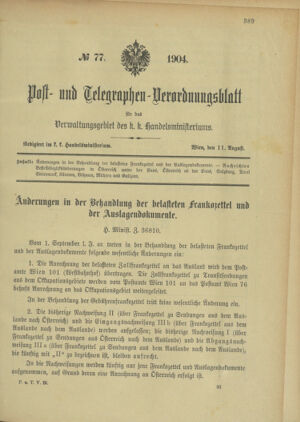 Post- und Telegraphen-Verordnungsblatt für das Verwaltungsgebiet des K.-K. Handelsministeriums 19040811 Seite: 1