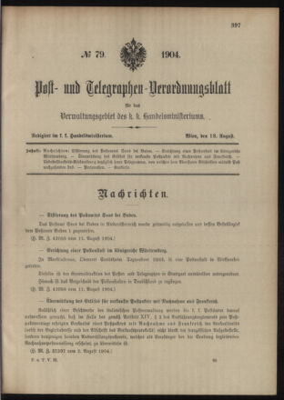 Post- und Telegraphen-Verordnungsblatt für das Verwaltungsgebiet des K.-K. Handelsministeriums 19040818 Seite: 1