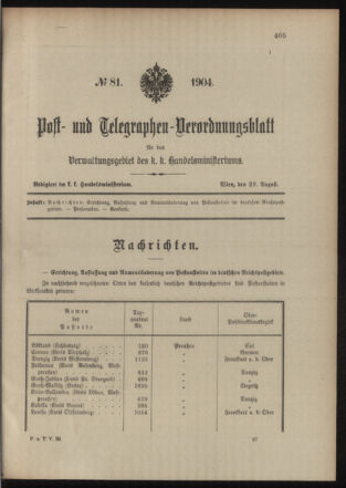 Post- und Telegraphen-Verordnungsblatt für das Verwaltungsgebiet des K.-K. Handelsministeriums 19040829 Seite: 1