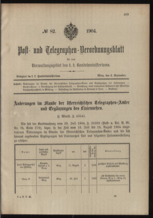 Post- und Telegraphen-Verordnungsblatt für das Verwaltungsgebiet des K.-K. Handelsministeriums 19040902 Seite: 1