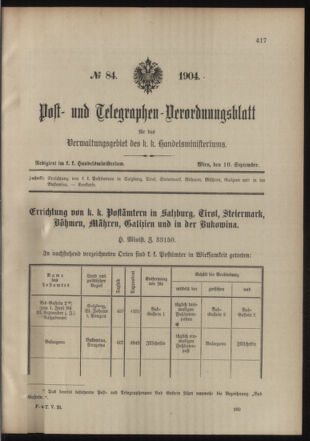 Post- und Telegraphen-Verordnungsblatt für das Verwaltungsgebiet des K.-K. Handelsministeriums