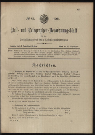 Post- und Telegraphen-Verordnungsblatt für das Verwaltungsgebiet des K.-K. Handelsministeriums