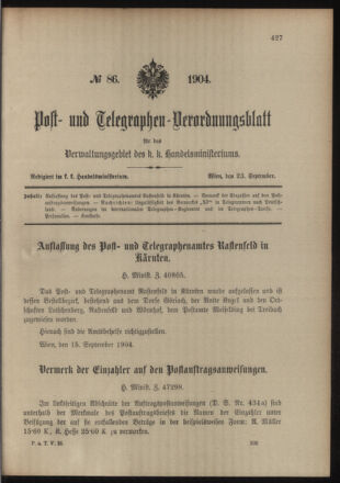 Post- und Telegraphen-Verordnungsblatt für das Verwaltungsgebiet des K.-K. Handelsministeriums 19040923 Seite: 1