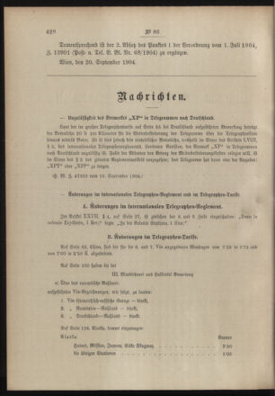 Post- und Telegraphen-Verordnungsblatt für das Verwaltungsgebiet des K.-K. Handelsministeriums 19040923 Seite: 2