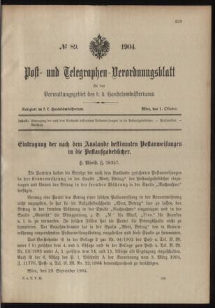 Post- und Telegraphen-Verordnungsblatt für das Verwaltungsgebiet des K.-K. Handelsministeriums