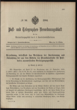 Post- und Telegraphen-Verordnungsblatt für das Verwaltungsgebiet des K.-K. Handelsministeriums 19041015 Seite: 1