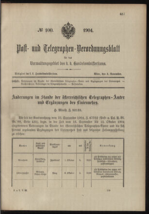 Post- und Telegraphen-Verordnungsblatt für das Verwaltungsgebiet des K.-K. Handelsministeriums 19041104 Seite: 1