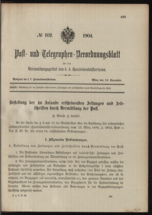 Post- und Telegraphen-Verordnungsblatt für das Verwaltungsgebiet des K.-K. Handelsministeriums 19041110 Seite: 1