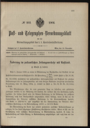 Post- und Telegraphen-Verordnungsblatt für das Verwaltungsgebiet des K.-K. Handelsministeriums 19041114 Seite: 1