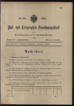 Post- und Telegraphen-Verordnungsblatt für das Verwaltungsgebiet des K.-K. Handelsministeriums 19041118 Seite: 1