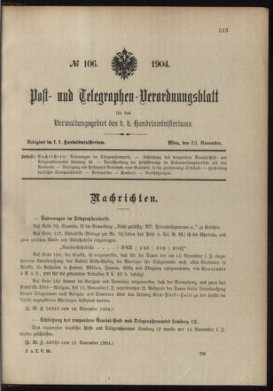 Post- und Telegraphen-Verordnungsblatt für das Verwaltungsgebiet des K.-K. Handelsministeriums 19041123 Seite: 1