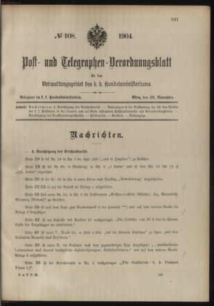 Post- und Telegraphen-Verordnungsblatt für das Verwaltungsgebiet des K.-K. Handelsministeriums 19041128 Seite: 1