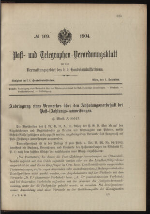 Post- und Telegraphen-Verordnungsblatt für das Verwaltungsgebiet des K.-K. Handelsministeriums 19041201 Seite: 1