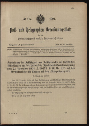 Post- und Telegraphen-Verordnungsblatt für das Verwaltungsgebiet des K.-K. Handelsministeriums 19041215 Seite: 1