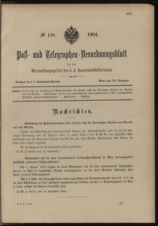 Post- und Telegraphen-Verordnungsblatt für das Verwaltungsgebiet des K.-K. Handelsministeriums 19041220 Seite: 1